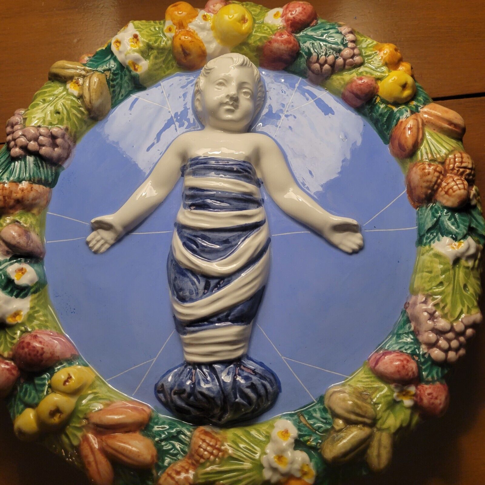 Antique Italian Ceramic Wall Plate with Cherub Design, Marked 228 