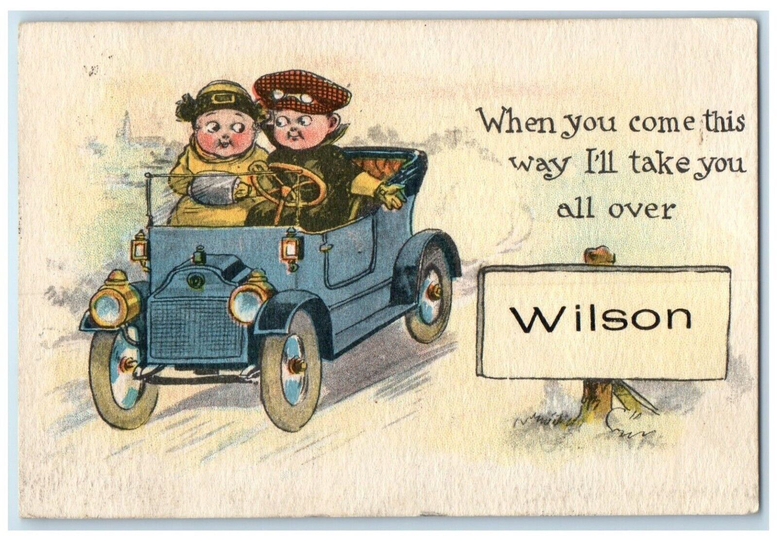 1913 When You Come This Way Wilson Kansas Dutch Kids Riding Classic Car Postcard
