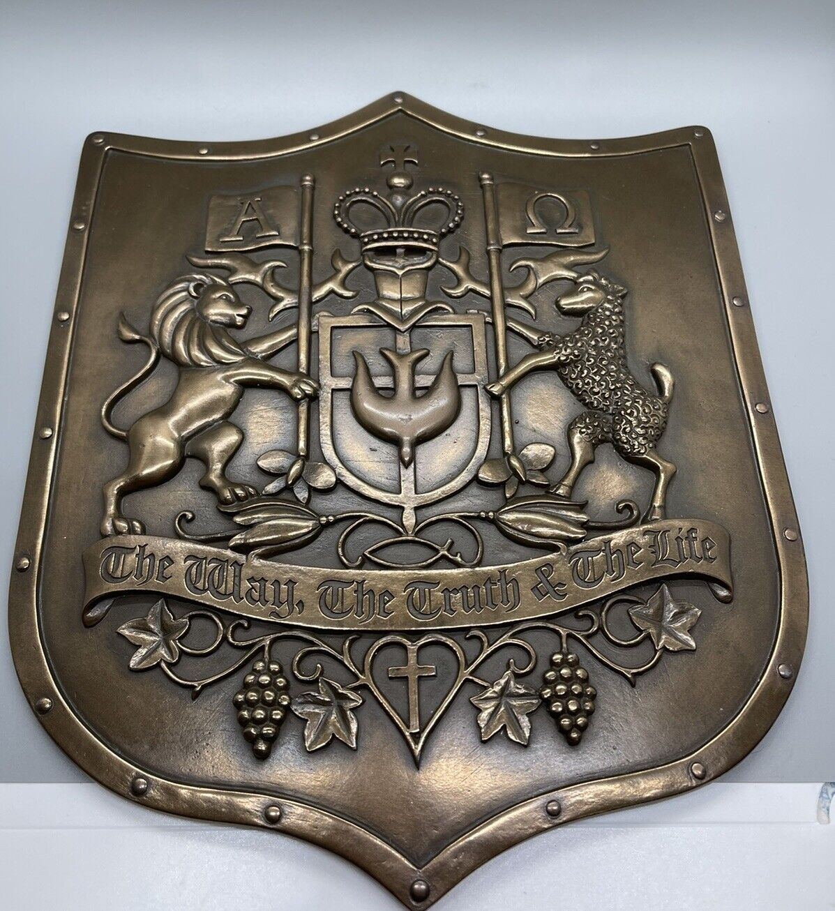 Dickson’s Christian Coat of Arms Wall Hanging Shield 12” Antiqued Bronzed Resin
