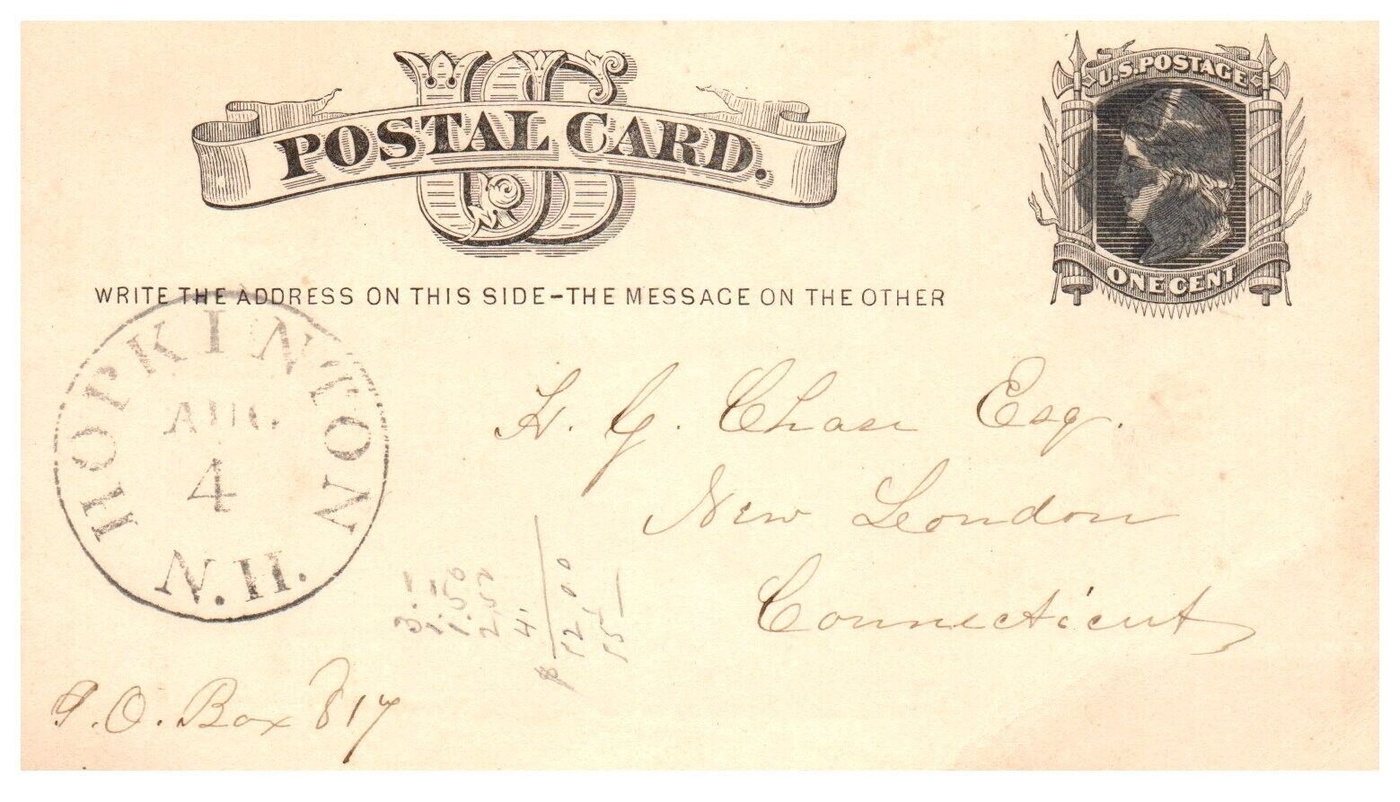 Hopkinton New Hampshire NH Postal Card August 4, 1876 Postcard H.G. Chase