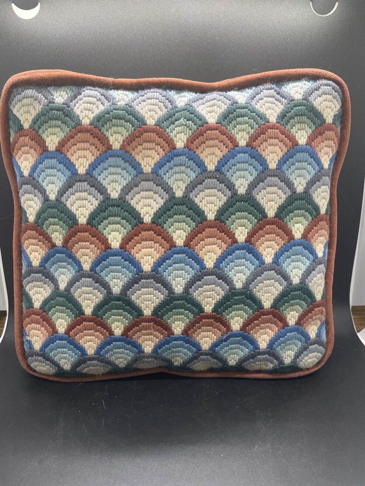 Vintage Needlepoint Hand Made Pillow Geometric Multicolor Mauve Velvet Backing