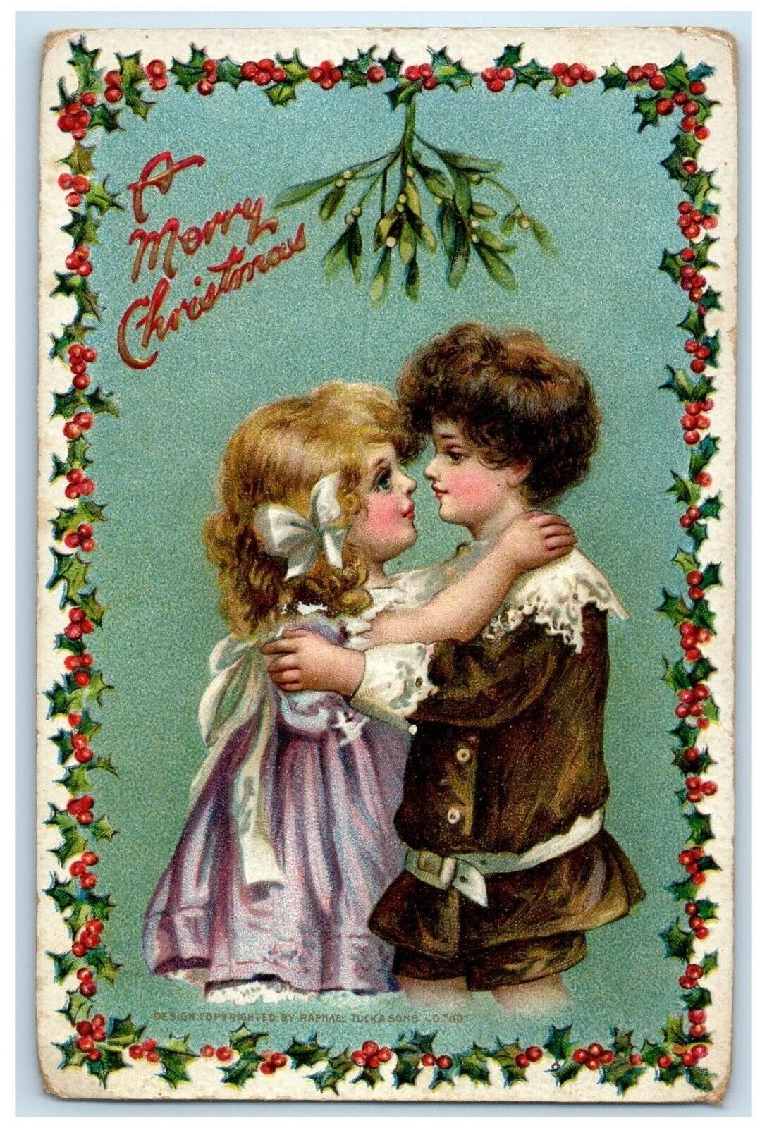 Christmas Little Sweetheart Dancing Under Mistletoe Berries Tuck's Postcard