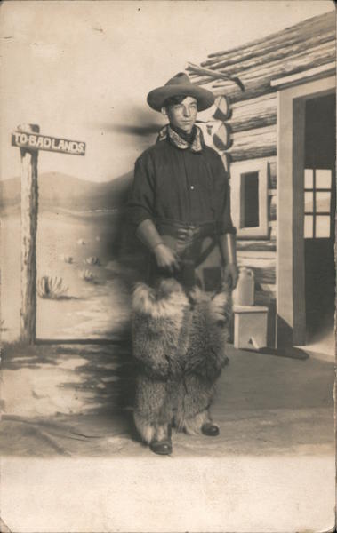 Studio Photo RPPC Aurora,IL One Young Man Dressed as Cowboy Wearing Wooly Chaps