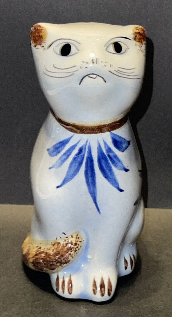 Vintage Mexican Tonala Pottery Cat Folk Art Hand Painted Figurine Flower Bird