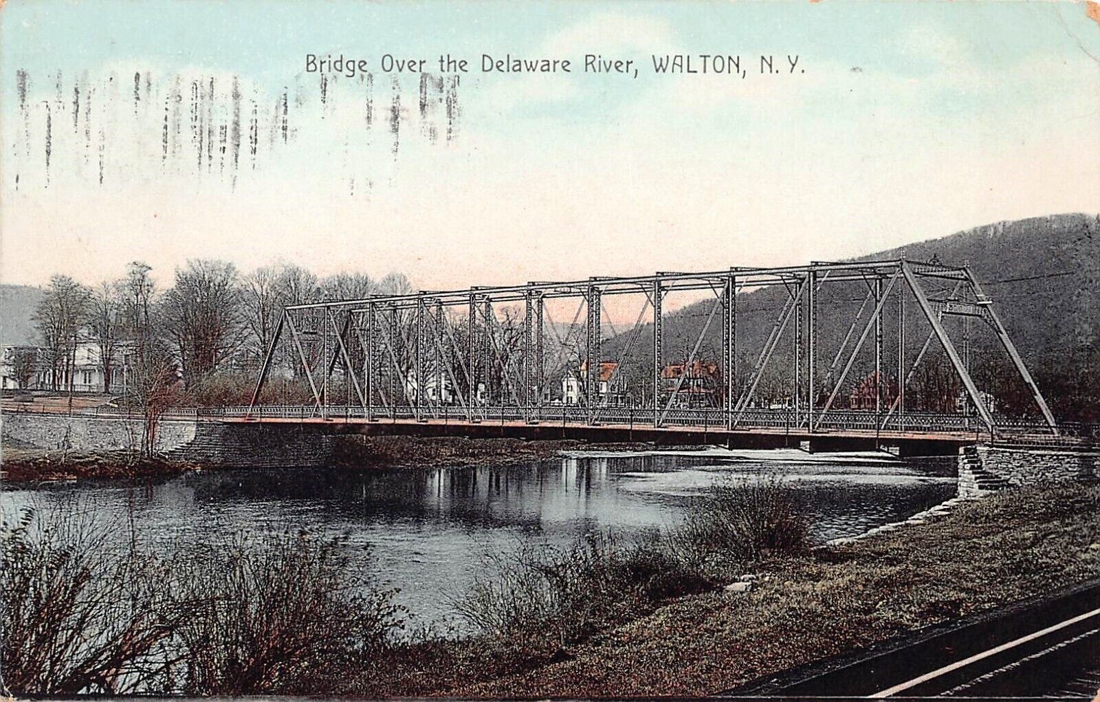Walton NY Delaware River Railroad Train Bridge c1911 Vtg Postcard D36