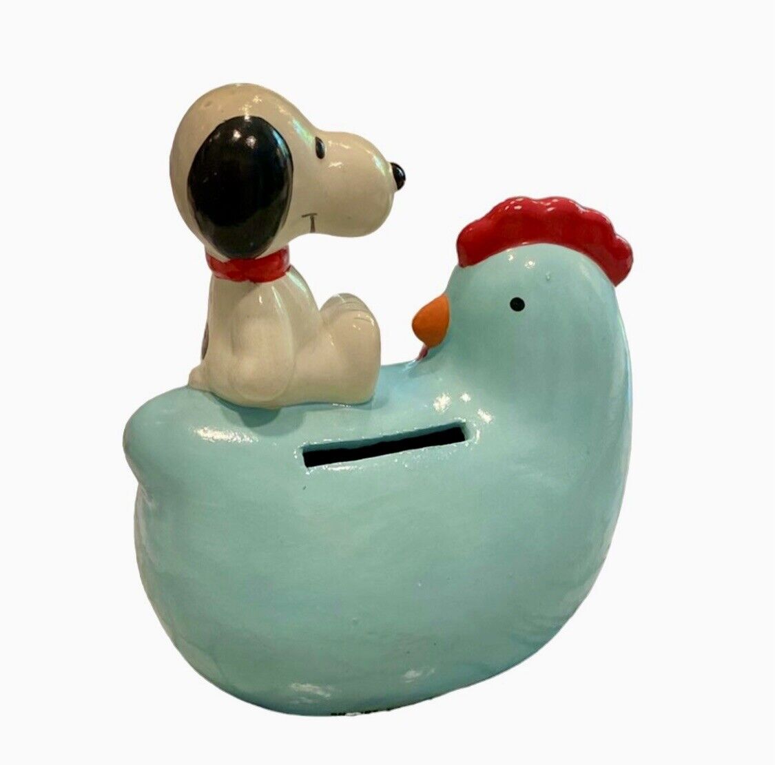 Vintage 1966 Peanuts Snoopy Riding Blue Chicken Ceramic Coin Bank, HTF