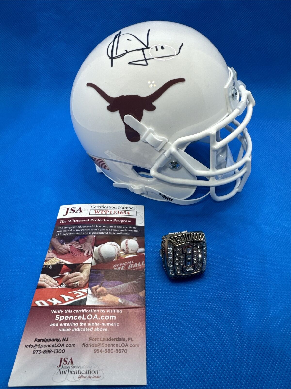 Vince Young Autographed Texas Longhorns Mini Helmet + Big 12 Replica Ring - JSA