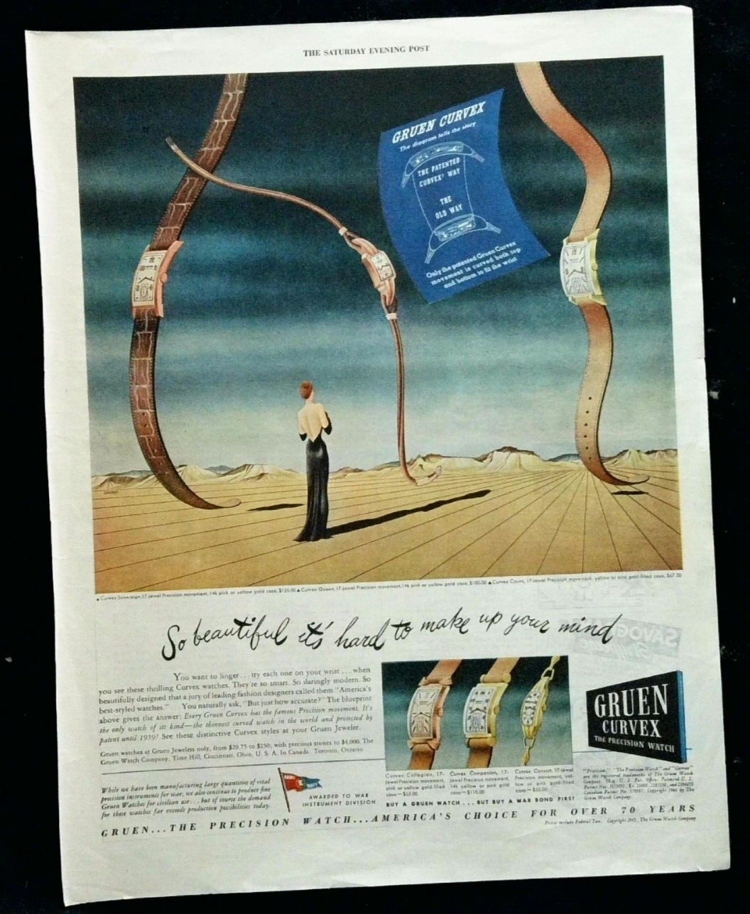 1945 Gruen Curvex Curved Watch vintage print ad Art