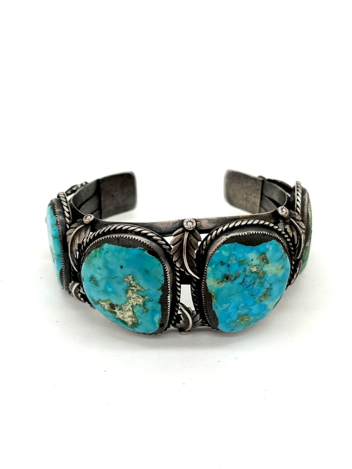 Vintage Native American Silver Cuff - Four Turquoise Stones - Signed