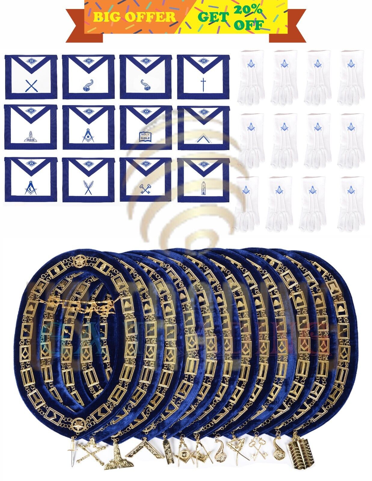 12 Pcs Masonic Freemasons Blue Lodge Aprons & Golden Chain Collar With Gloves