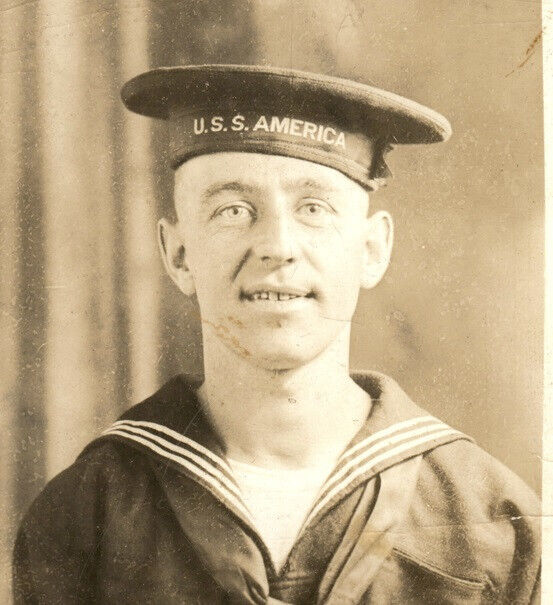 WWI USS America US Navy Sailor Cap Tally RPPC Real Photo Postcard Vintage