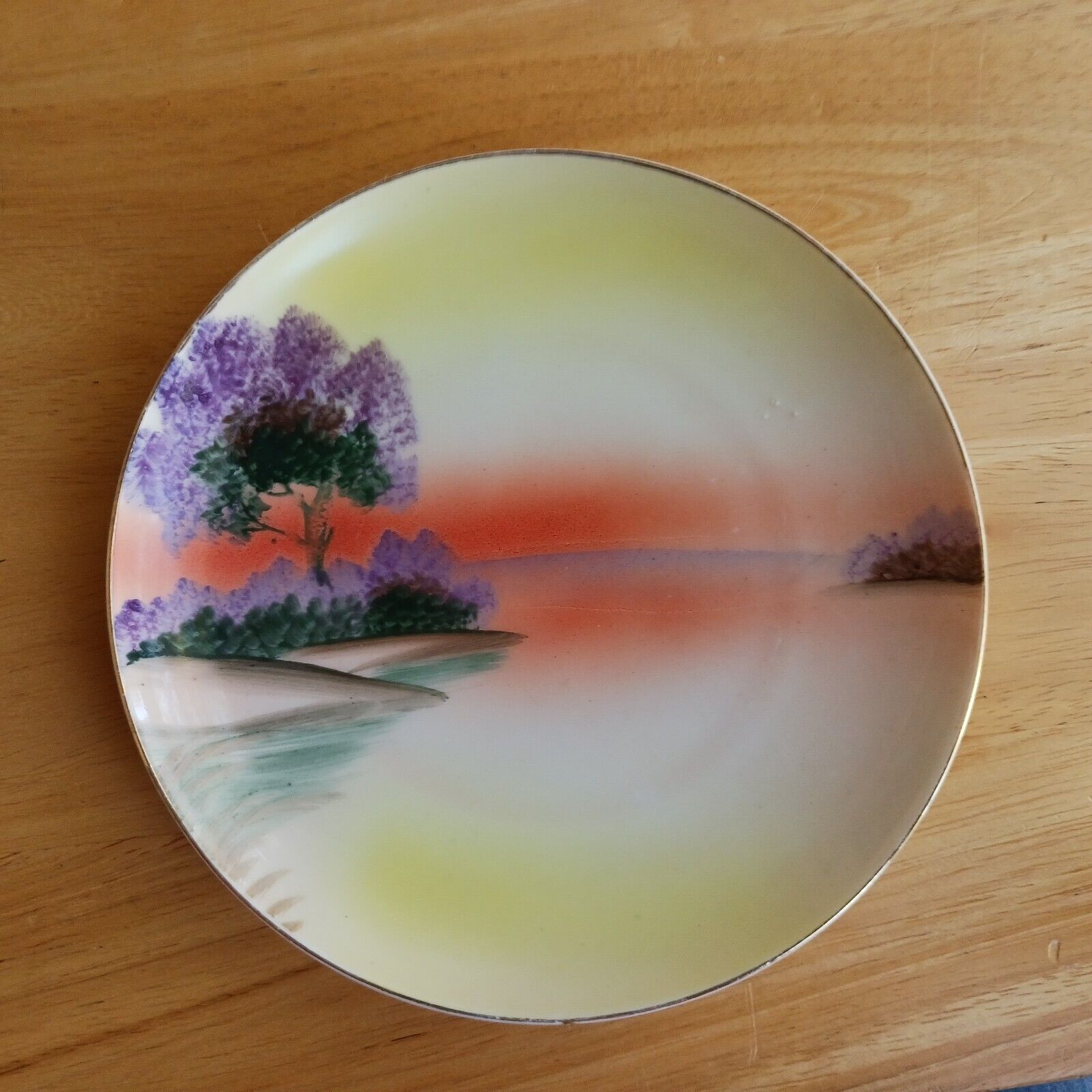 Stamped Japanese Hand Painted Landscape Plate 1950s Gilted Edge 6.5