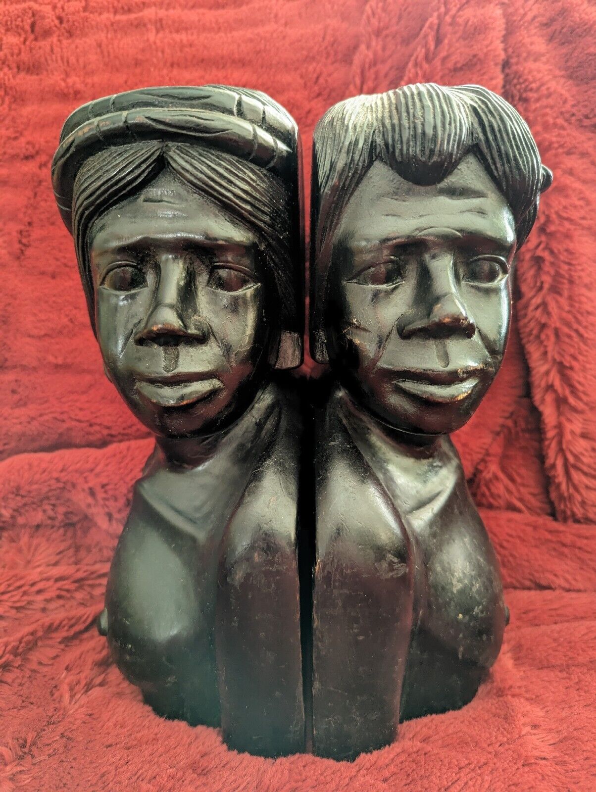 Set of 2 Vintage Carved Black Wood Indigenous Native Sculptures Bookends Figures