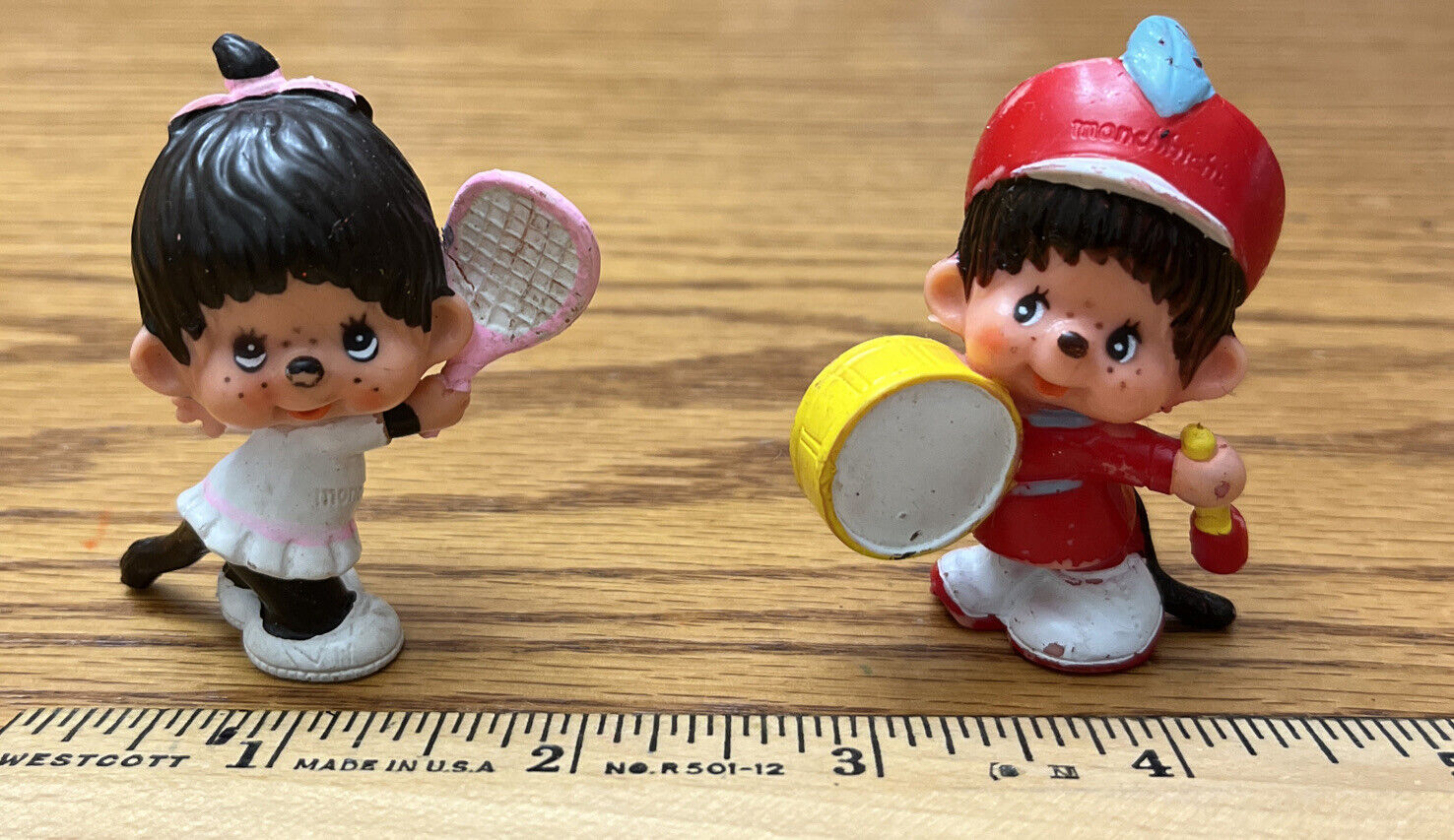 1979 Vintage Monchhichi Monkey PVC Figure Drummer Band Drums and Tennis Player