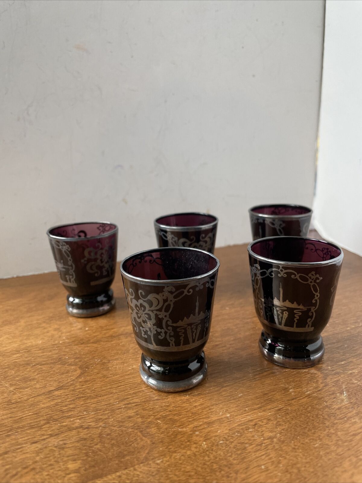Set Of 5 MCM Vintage Amethyst Venetian Glass Silver Overlay Sake Shot Glasses