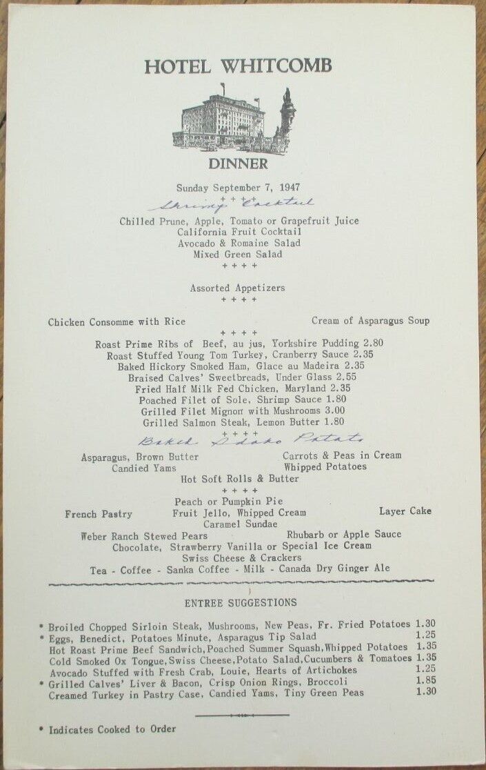 San Francisco, CA 1947 Restaurant Menu, Hotel Whitcomb, California Cal