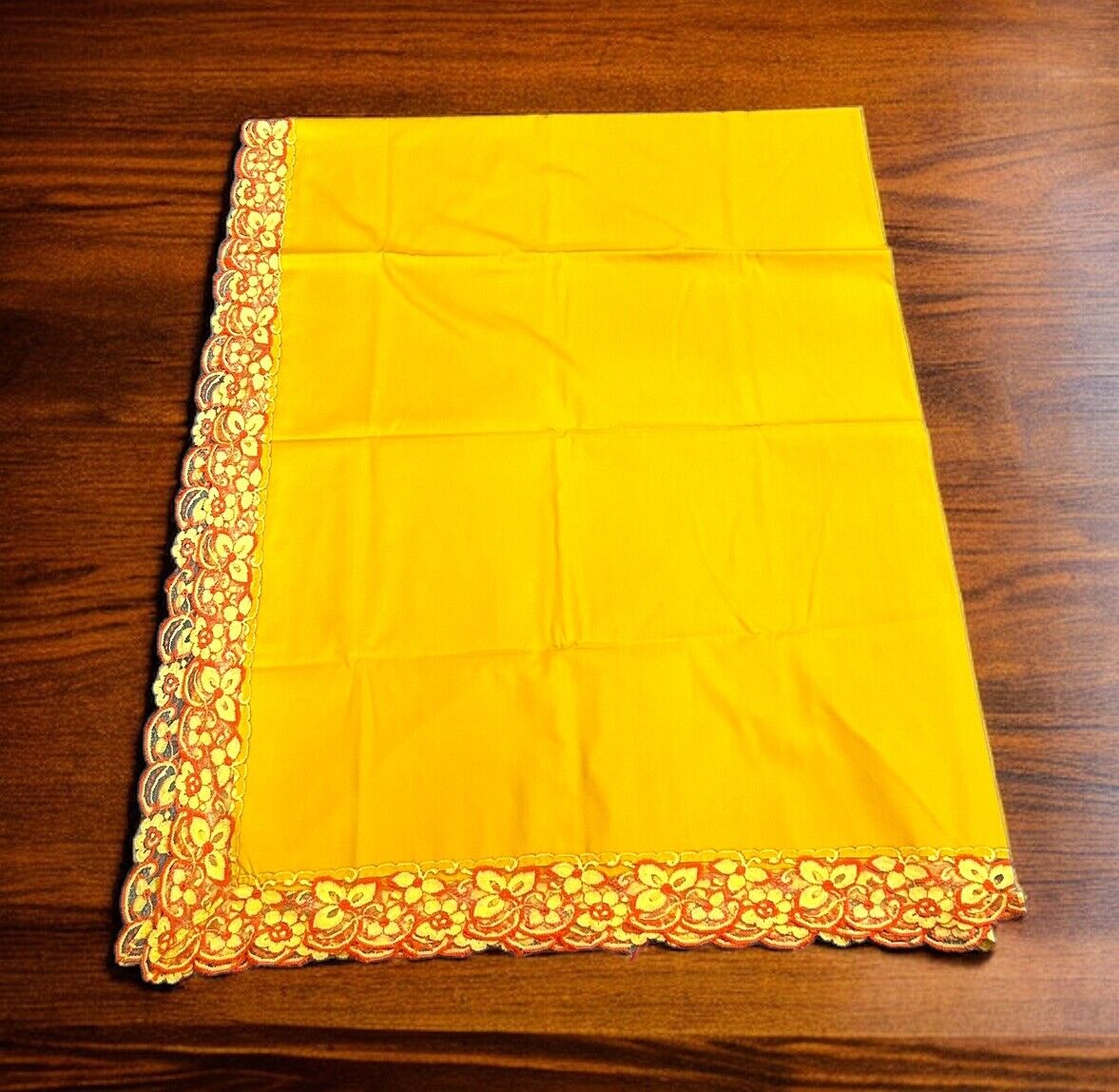 Vtg Tablecloth Linen Color Mustard Yellow Orange Lace Trim Rectangle 65” x 83”