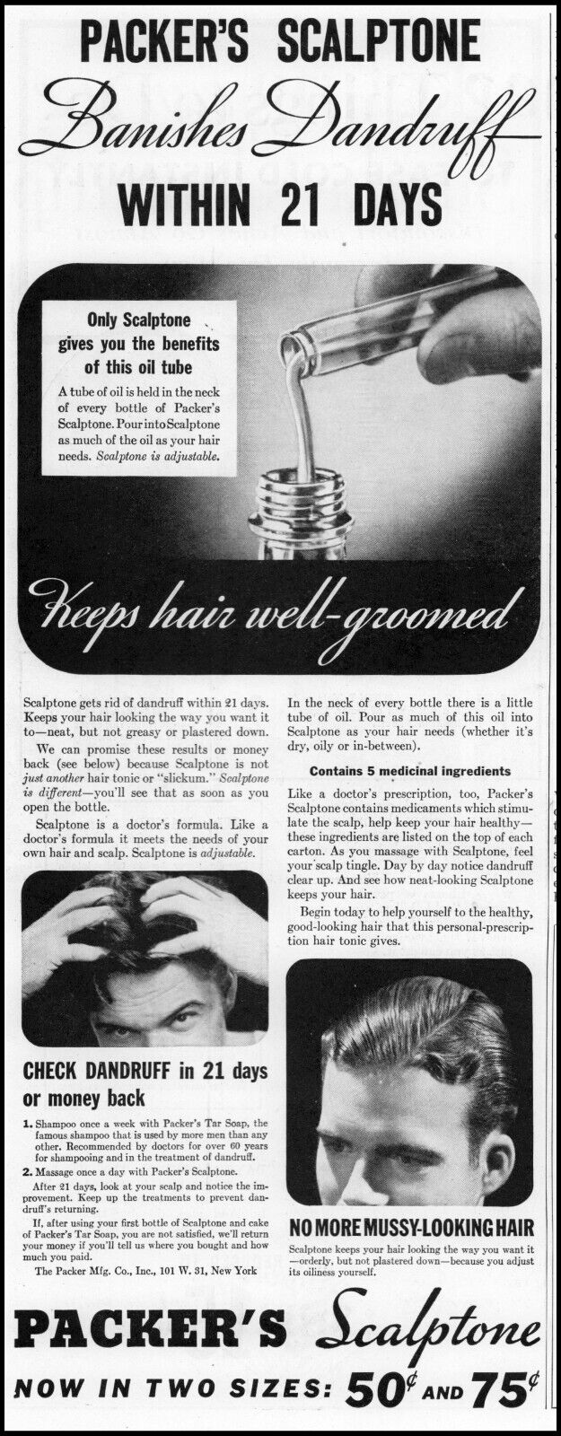 1935 Packer\'s Scalptone banishes dandruff in 21 days vintage photo print ad L77