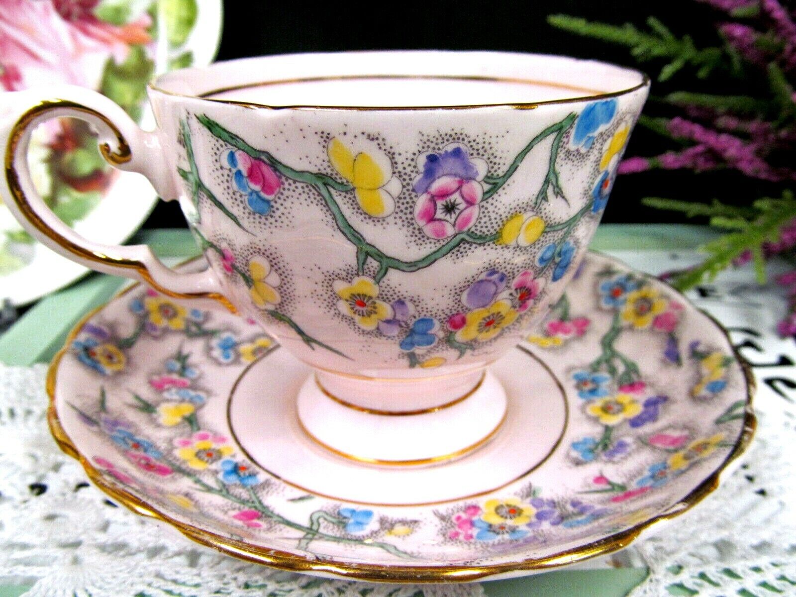 TUSCAN tea cup and saucer pink base painted blossom flowers teacup 1930\'s 