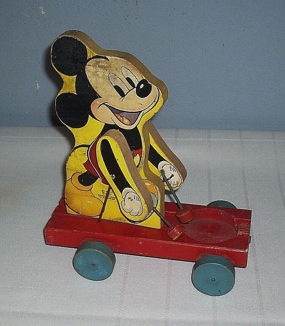 Vintage Walt Disney Productions Wood Mickey Mouse Pull Toy On Wagon 7\