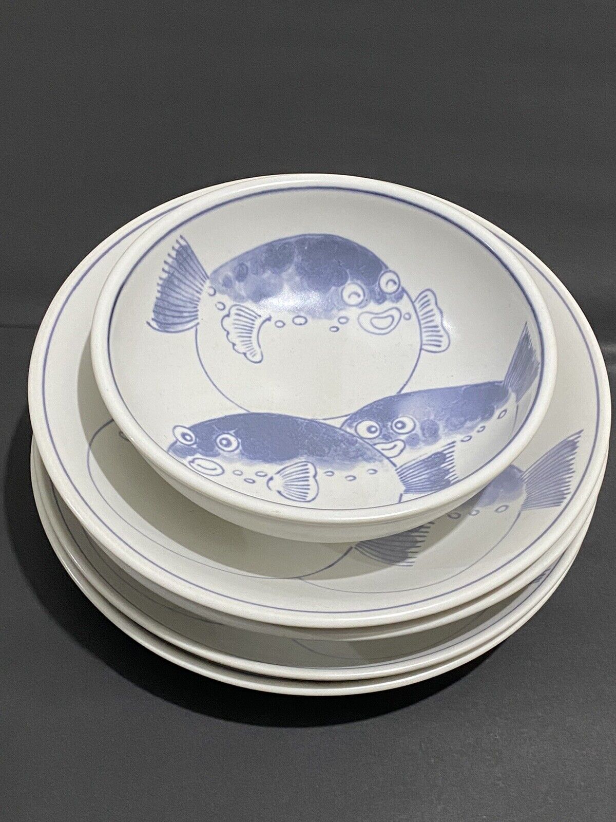 White & Blue Vintage Japanese Plates With Puffer/Fugu Fish Painting Set Of 5 VTG