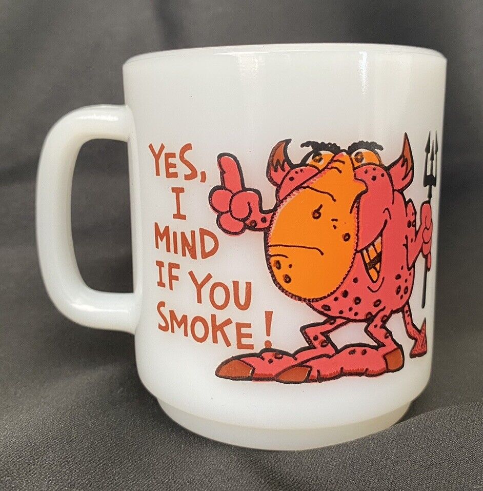Glasbake Devil Novelty Milk Glass Mug 'Mind If You Smoke' Vintage