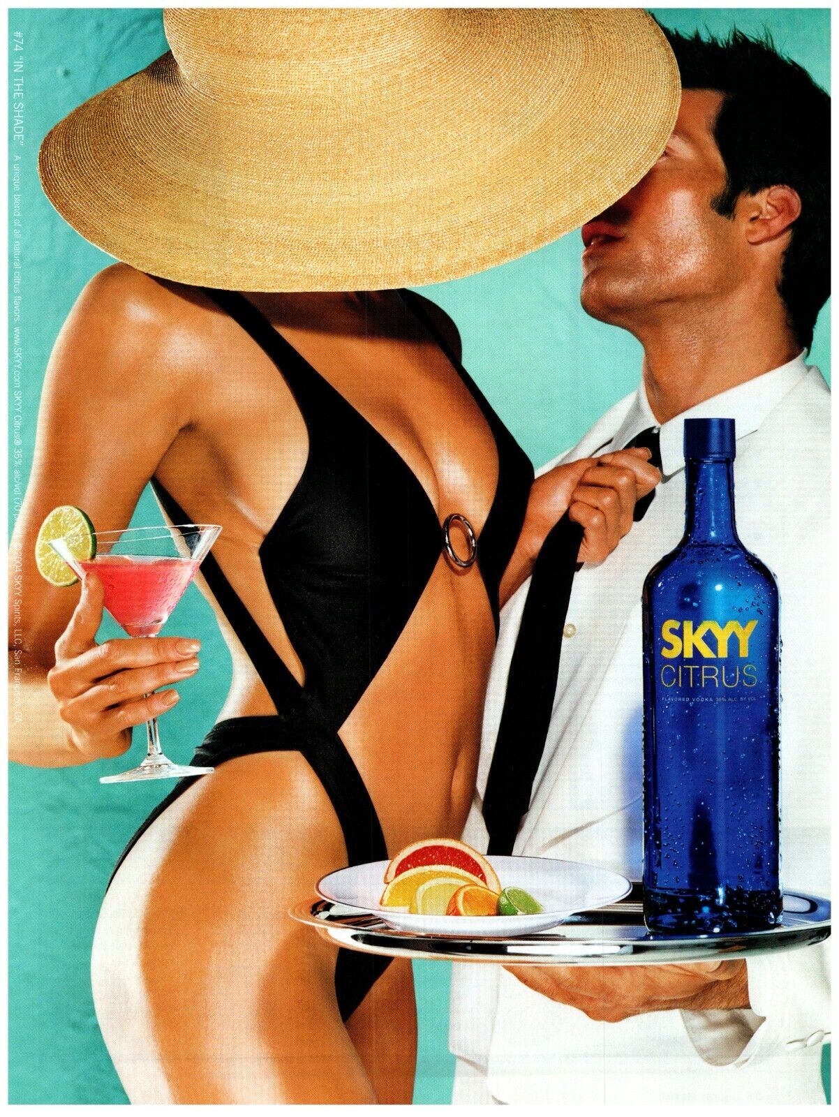 2004 Skyy Print Ad, Citrus #74 In the Shade Sexy Swimsuit Kiss Waiter Cleavage
