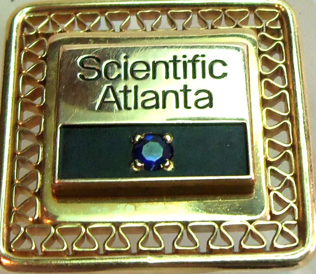 SCIENTIFIC ATLANTA PIN 12K GOLD FILLED VINTAGE RARE ESTATE BLUE STONE  NICE