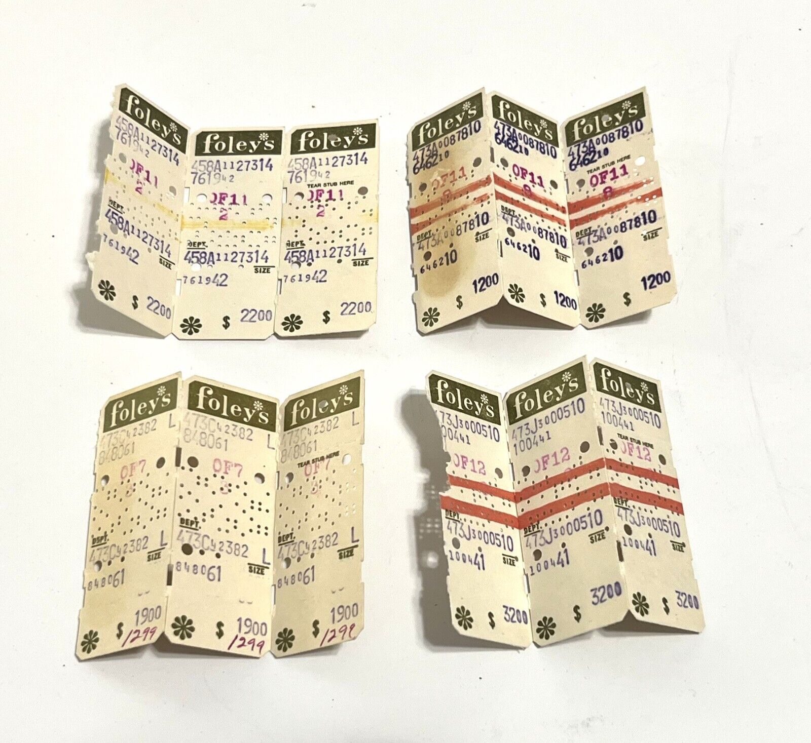 FOLEY'S Department Store Vintage Rare {4} Perforated 3-Parts Price Tags {1974}