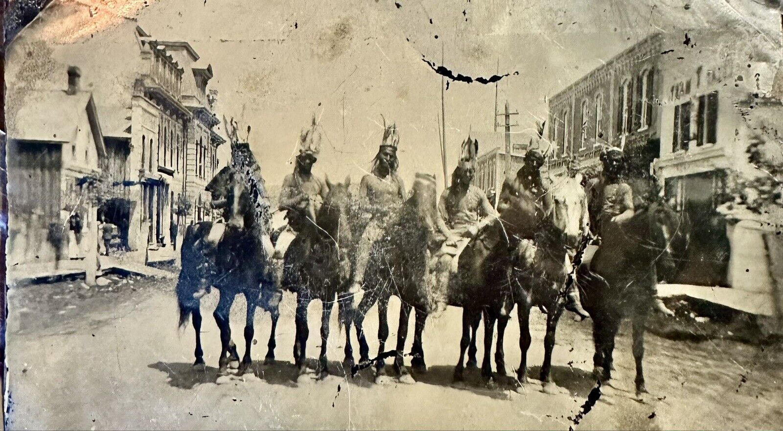 Rare 1800s Photo Native Americans on Horses Center of Town 1860s 1870s Tintype