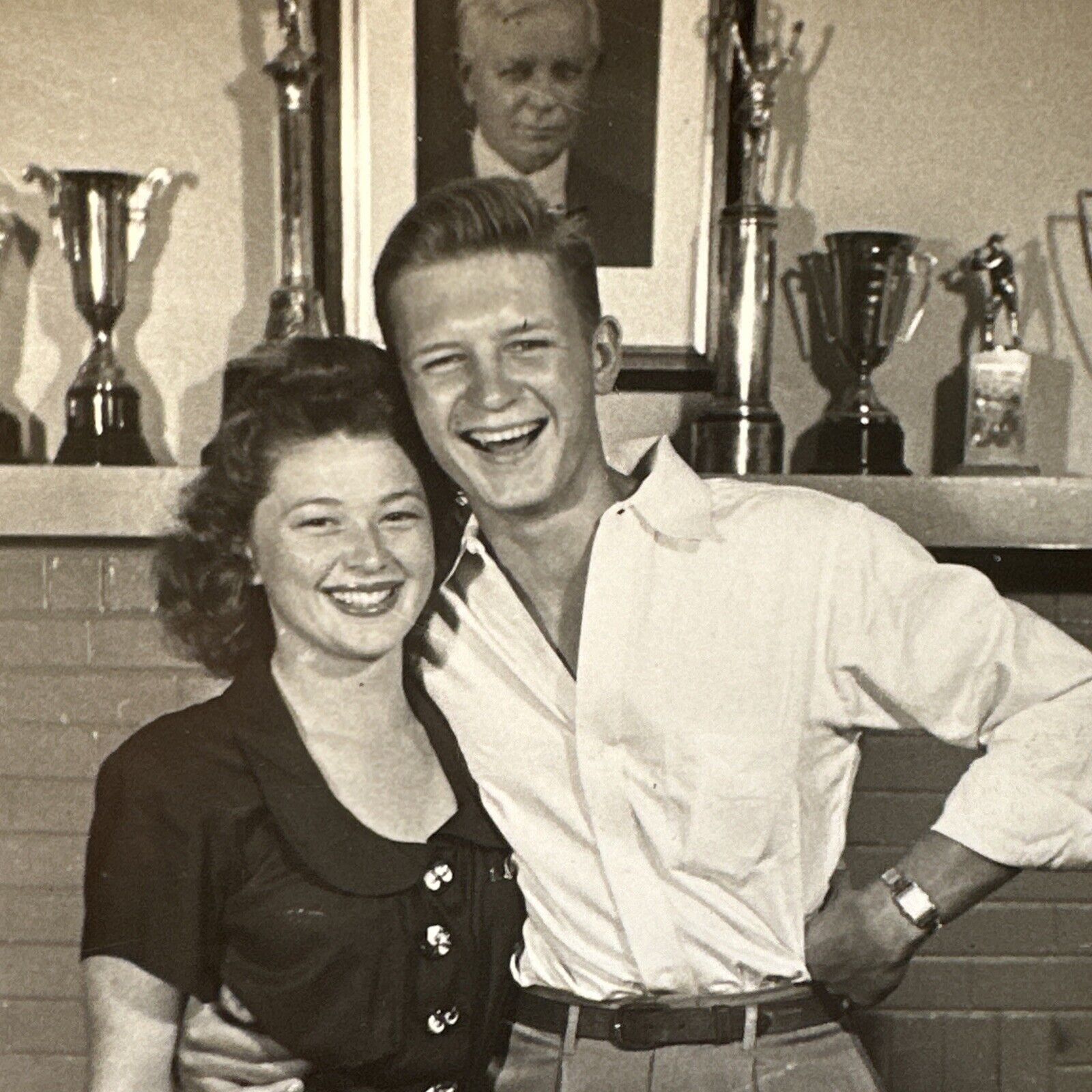 VINTAGE PHOTO Gorgeous Young Couple 1940S Trophies, Handsome, Hunk, Gay Int