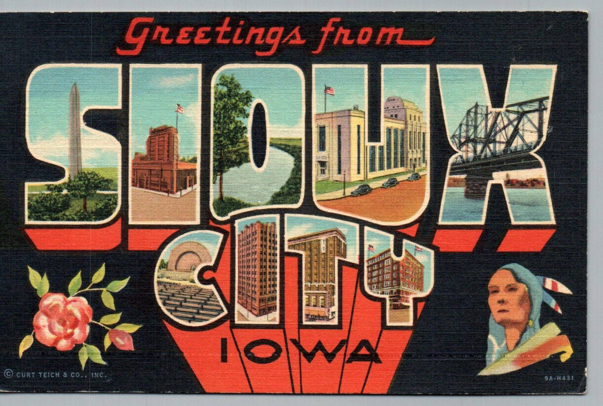 Sioux City Iowa Greetings from Large Letter Native American Flower Teich IA
