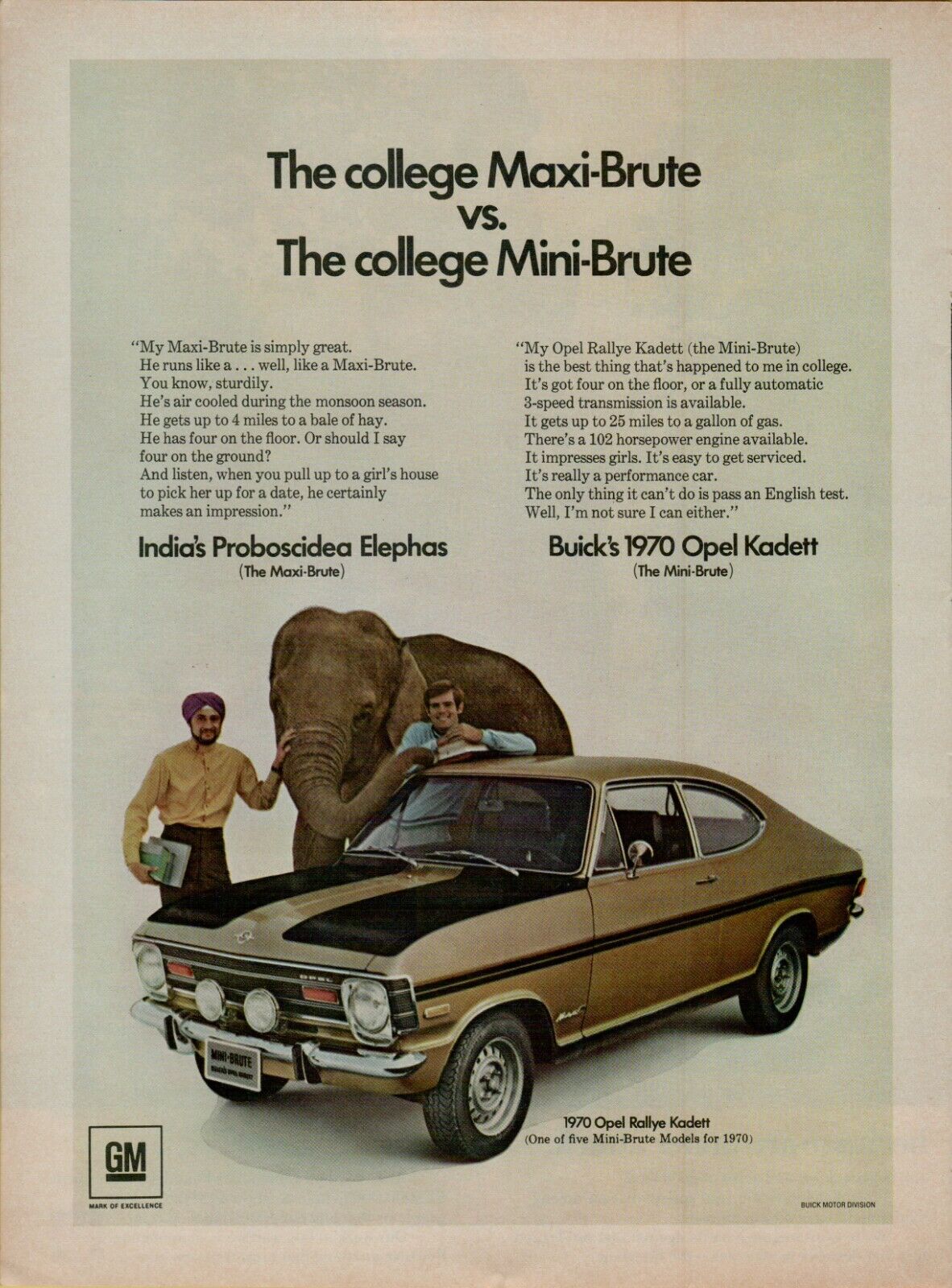1970 Buick Opel Rallye Kadett Mini-Brute Elephant Photo Original Color Print Ad