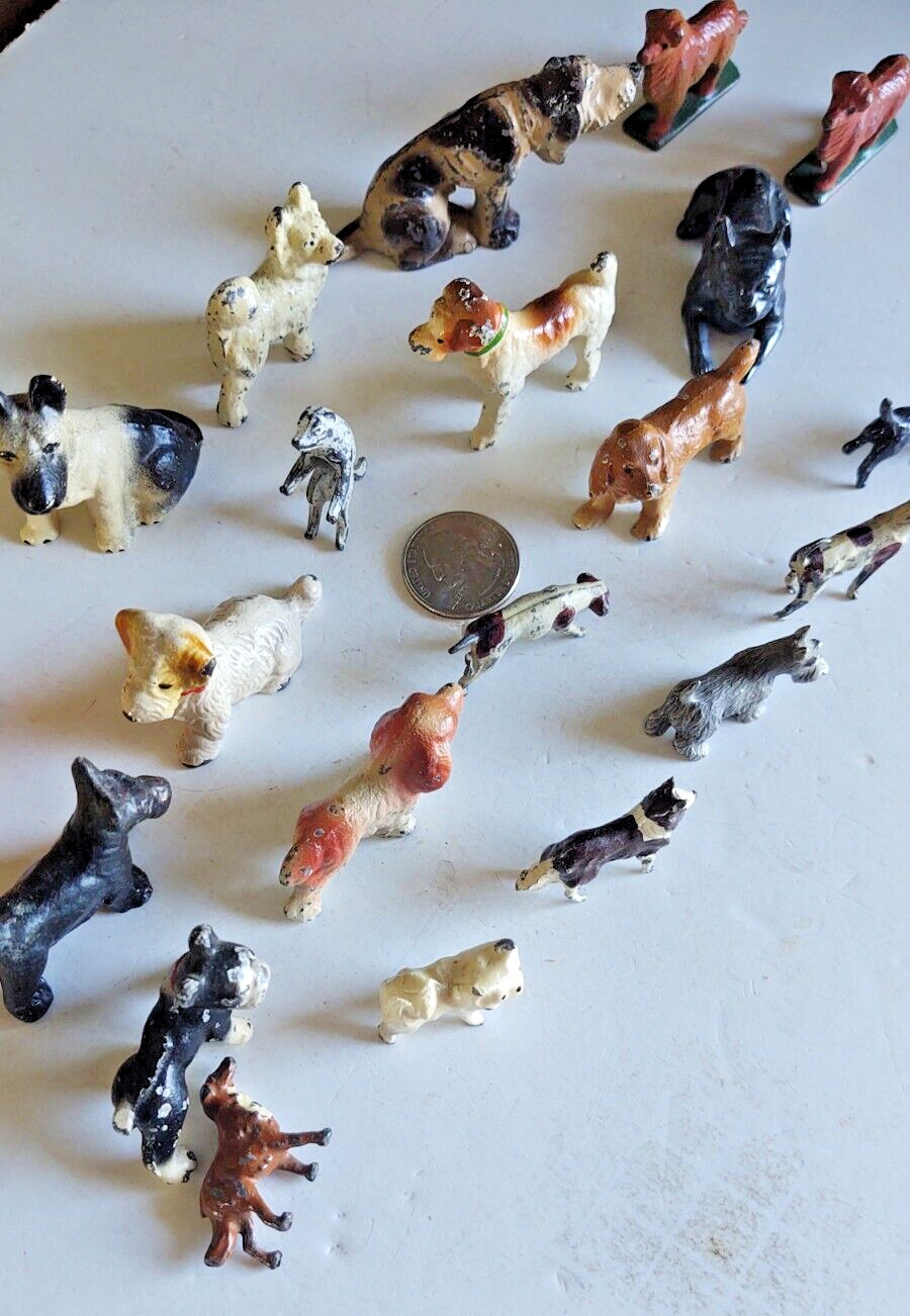 23 Antique Vintage Toys Figures Lead Cast Iron all Metal Dogs Playset Train