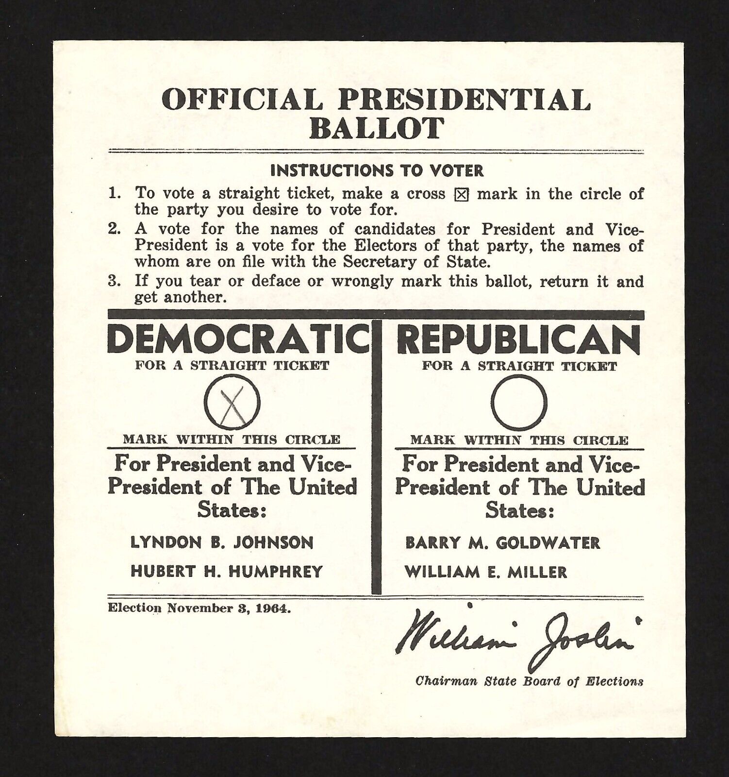 1964 Official Presidential Ballot for North Carolina - Johnson vs Goldwater