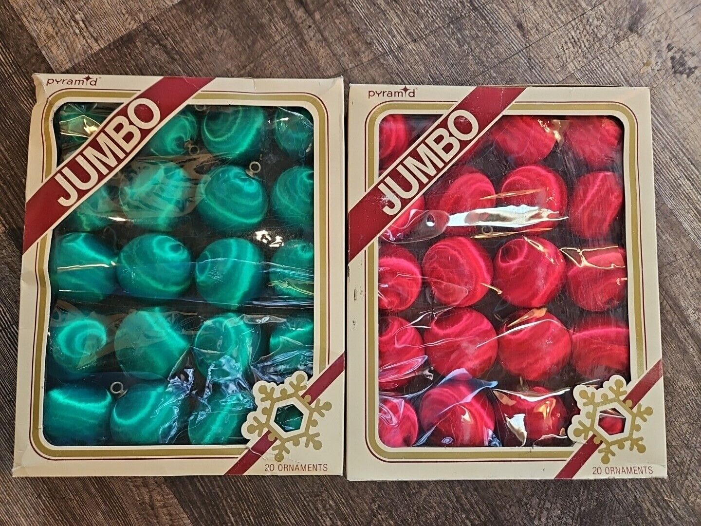 2 VINTAGE PYRAMID RED & GREEN SATIN SHEEN JUMBO CHRISTMAS BALL ORNAMENTS~IN BOX