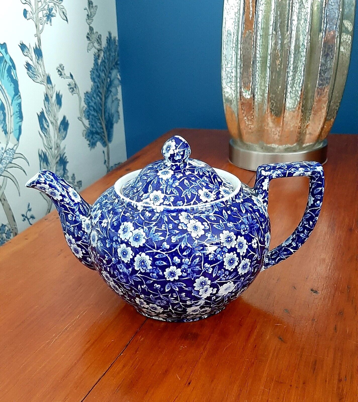 Vintage Burleigh Staffordshire England Blue Calico Pattern Tea Pot