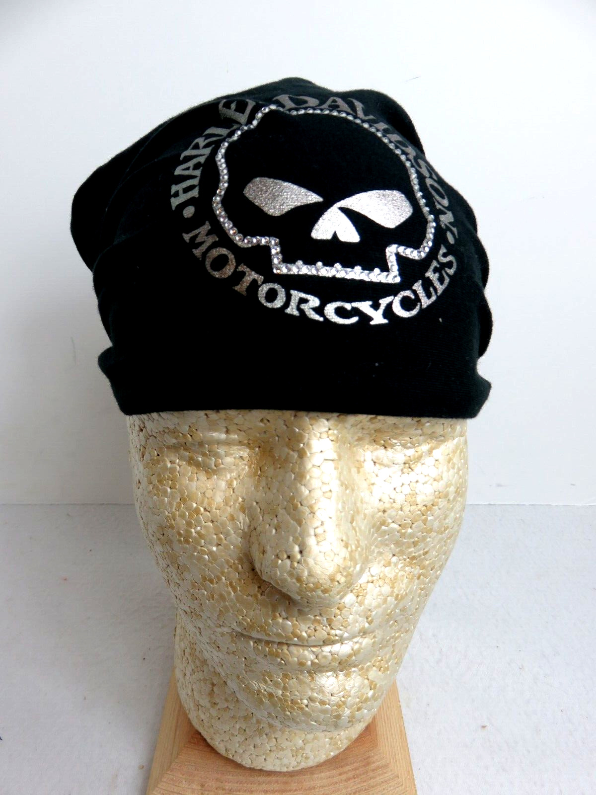 Harley-Davidson Skull Cap Black Do Rag Gold Print Embellished Faux Diamond Studs