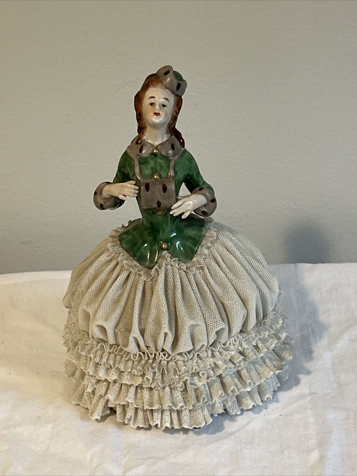 Vintage Dresden Lace Figurine Victorian Woman With Purse - Blue Goat Makers Mark