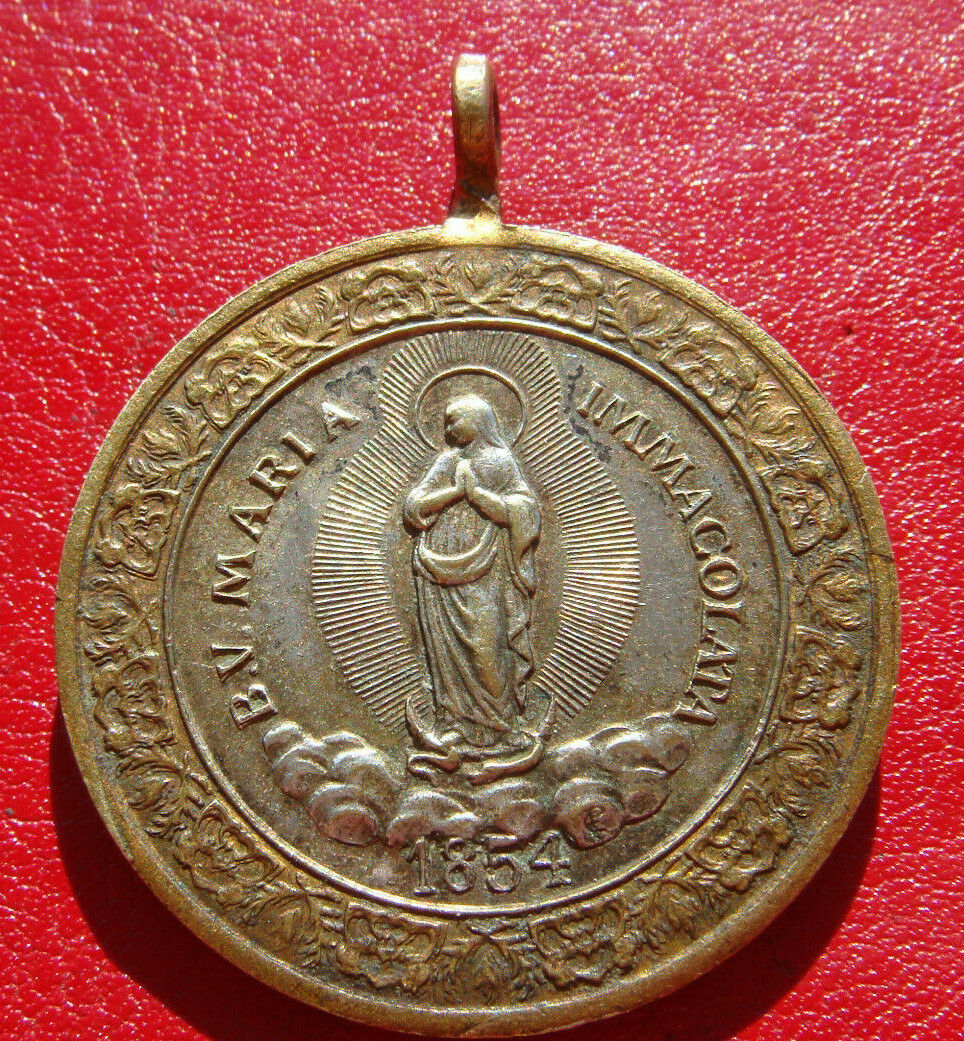 1854 ANTIQUE RARE VIRGIN MARY IMMACULATE / MY BAPTISM ROME LARGE BRONZE MEDAL 