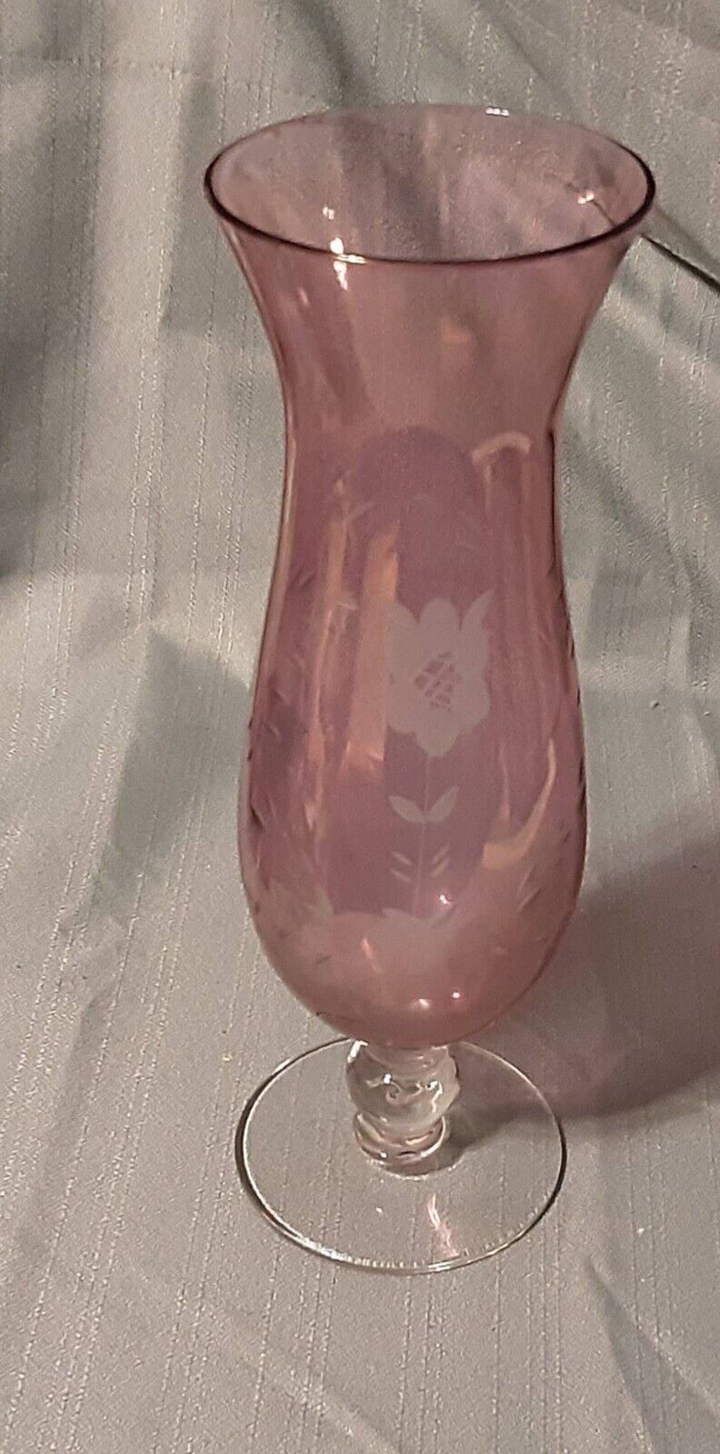 vintage etched cranberry glass vase, etched flowers & leaves 10.5” Tall