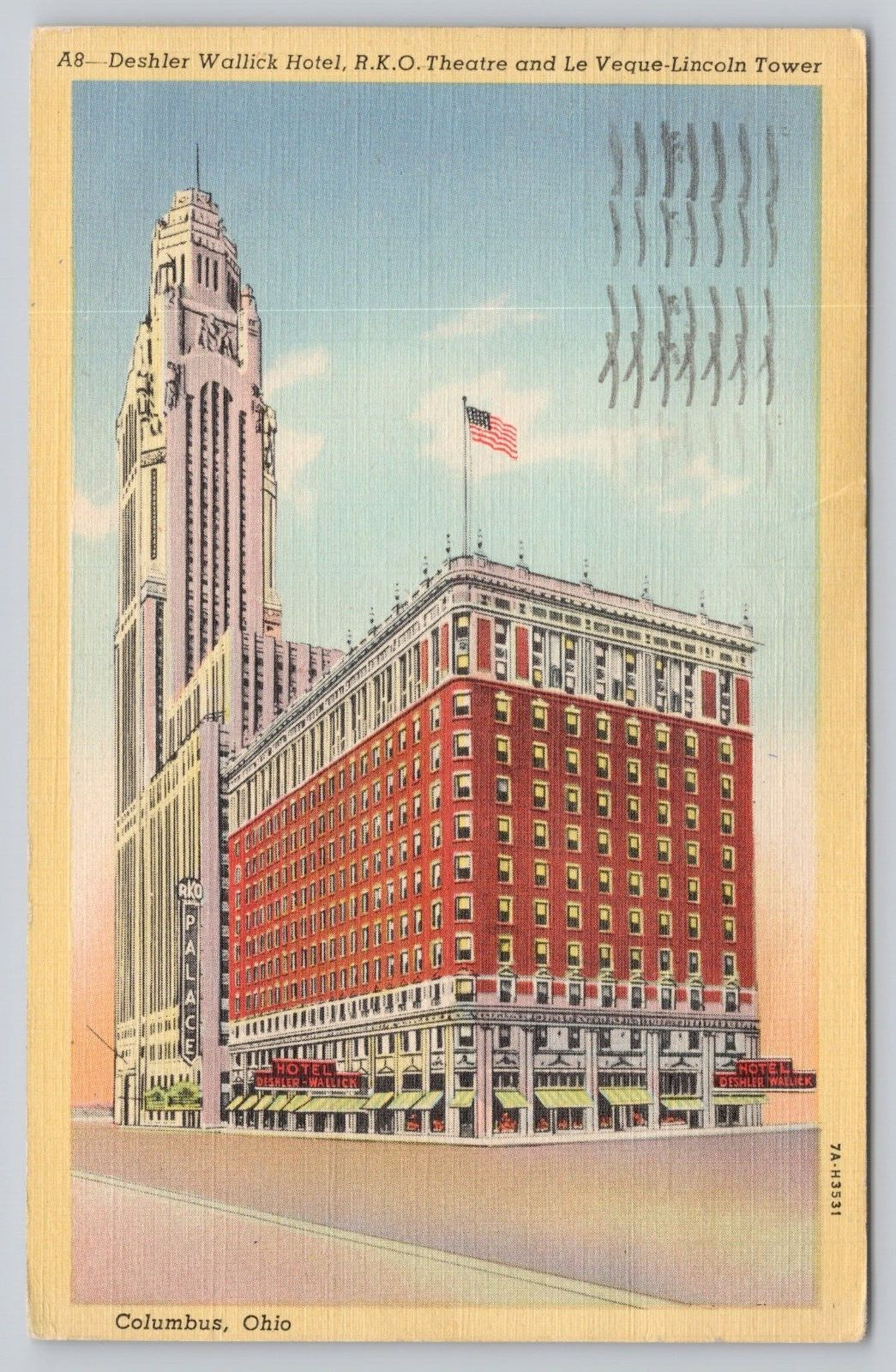 Postcard Deshler Wallick Hotel RKO Theatre Le Veque Lincoln Tower Columbus OH