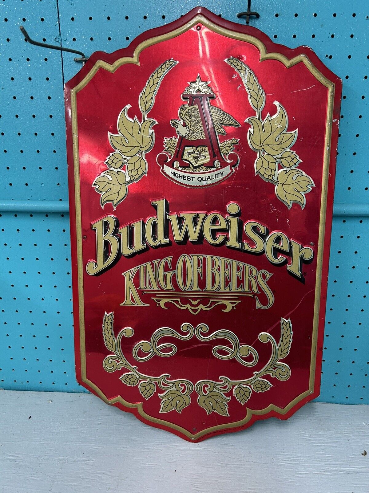 Vintage Budweiser King Of Beers On Draught Embossed Metal Hanging Beer Sign