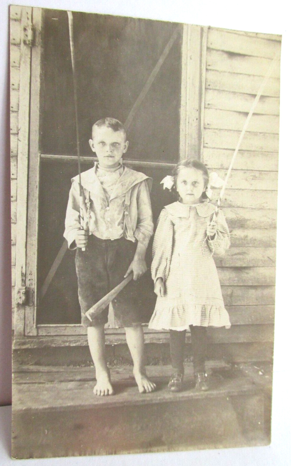 1908-12 REAL PHOTO POSTCARD RPPC Of 2 Children With Fishing Poles And Club