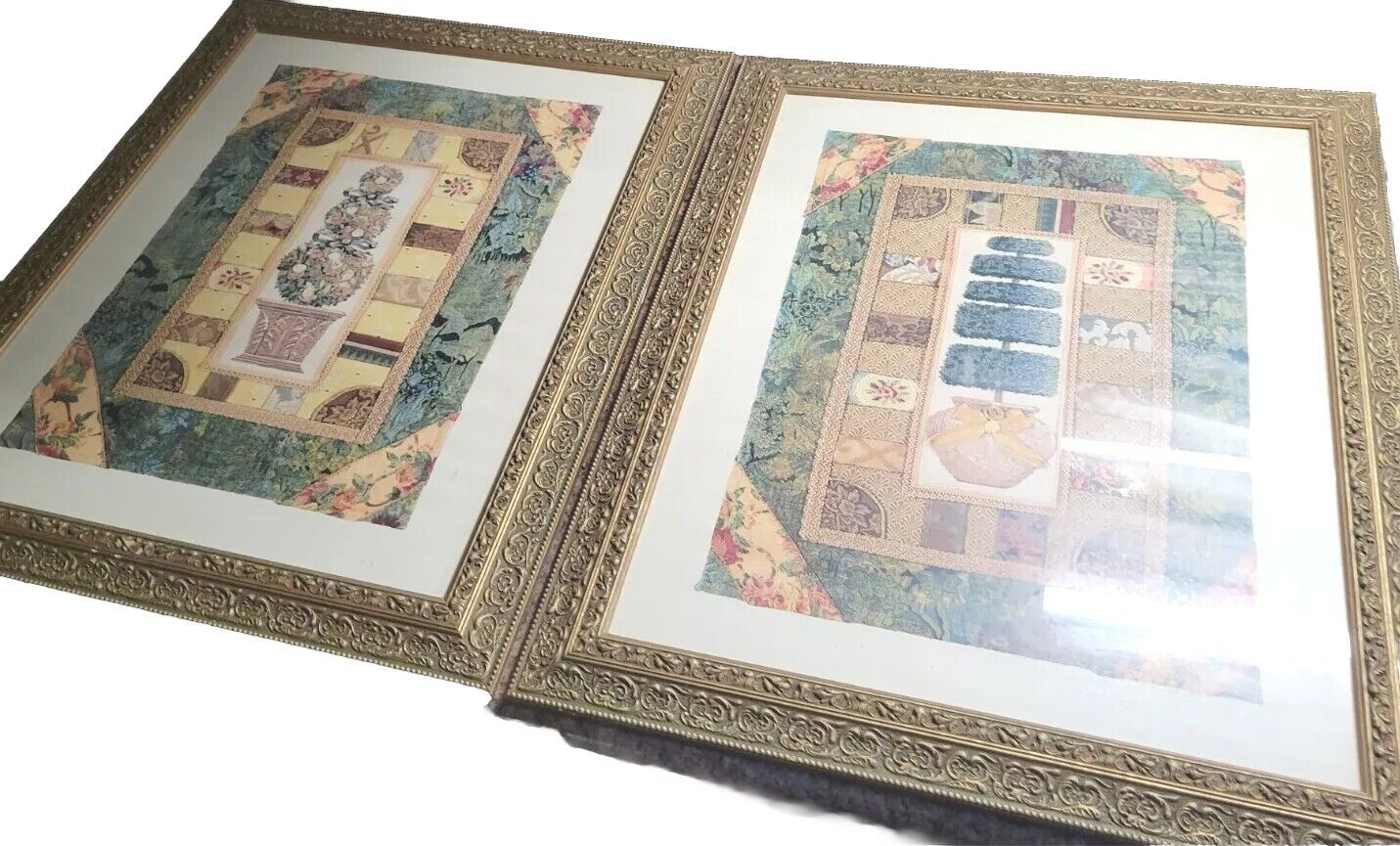 Set 2 Vintage Ornate  Wood Picture Frame Wall Hangings Topiary Bush Glass 19X23