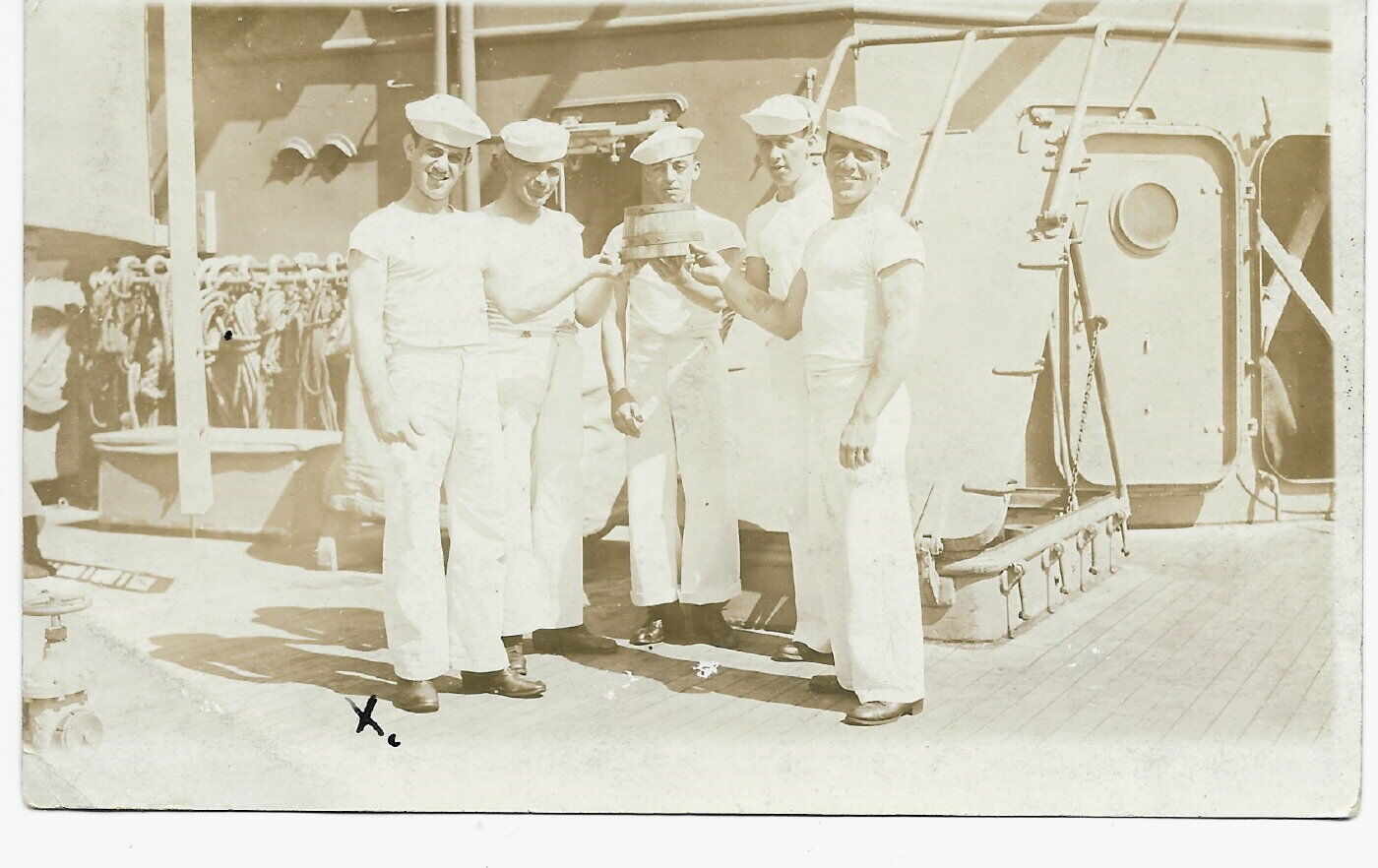 1914 WW 1 era  REAL PHOTO POST CARD,  NAVY Sailors On Deck, 