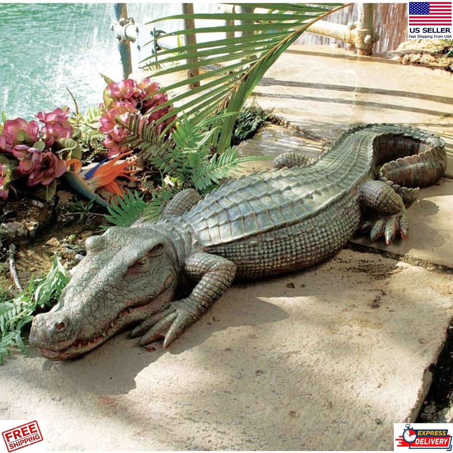 Large Crocodile Alligator Pond Garden Swamp Pool Huge Gator Statue Sculpture US