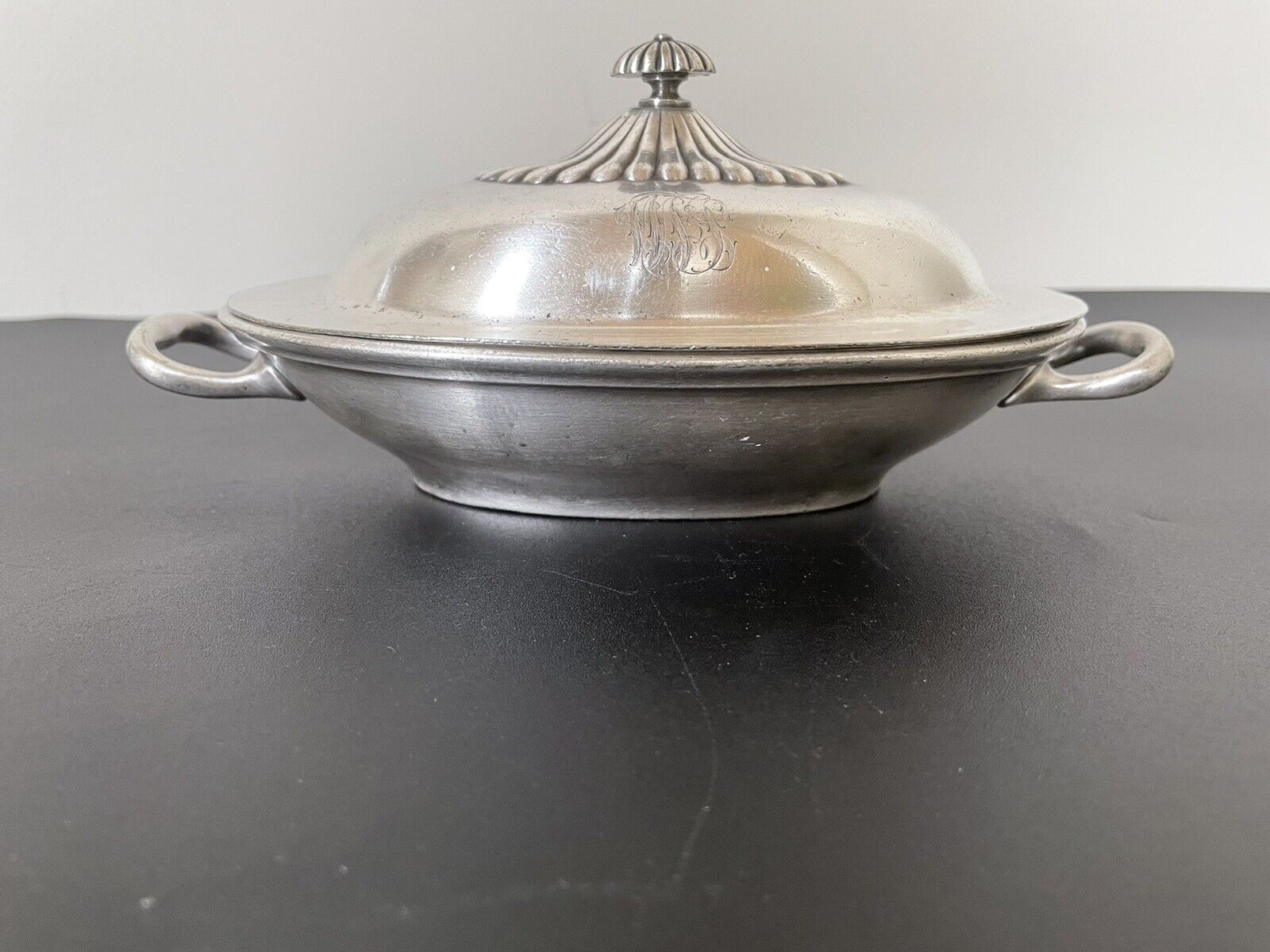 Antique-Vintage Silver Soldered R.Wallace Boat Shape Handled Dish with Lid
