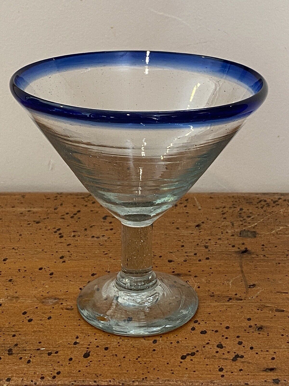 HAND BLOWN Mexican MARTINI/MARGARITA Glass COBALT BLUE Rim 5” Tall EUC