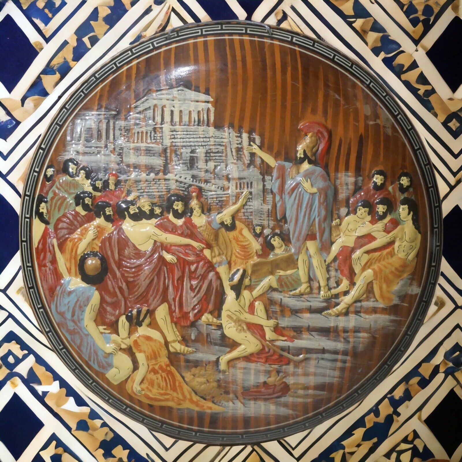 Mid 20th Century Greek Pottery Centurion with Jews Glazed Terracotta Plaque